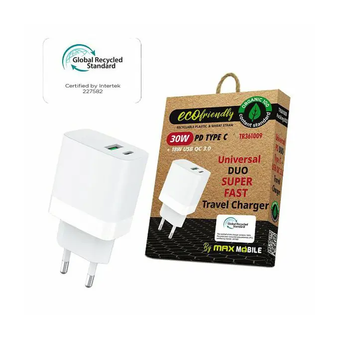 Kućni punjač Maxmobile, PD QC3.0, DUO, USB-C 30W, USB-A 18W, TR-361009, GRS, ECO - Slika 1