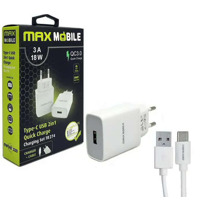 Kućni punjač Maxmobile, PD QC3.0, USB-A, TR-274, USB-A/USB-C kabel, 18W, bijeli - Slika 2