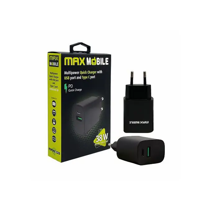 Kućni punjač Maxmobile, PD QC3.0, USB-C 20W + USB-A 18W, 2UTR3068-QP, 38W, crni - Slika 1