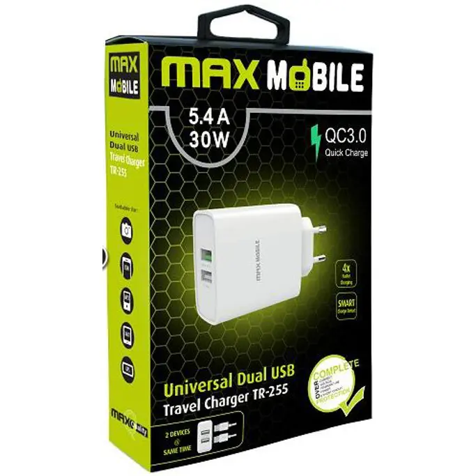 Kućni punjač Maxmobile, QC3.0, Dual USB-A, TR-255, 30W, bijeli - Slika 1