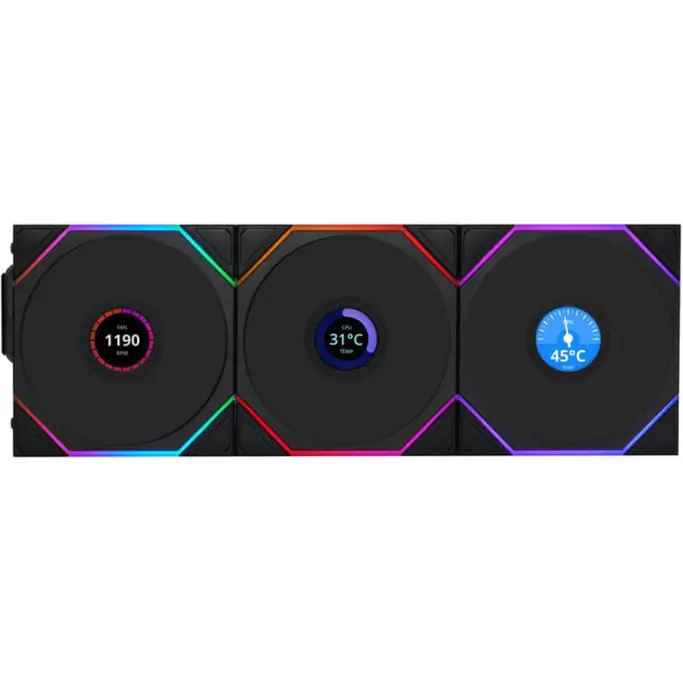 Lian Li ventilator 120mm UNI FAN TL Wireless LCD 120 Reverse Blade, ARGB, PWM, 3-pack + kontroler, Black, 12RTLLCD1W3B - Slika 2