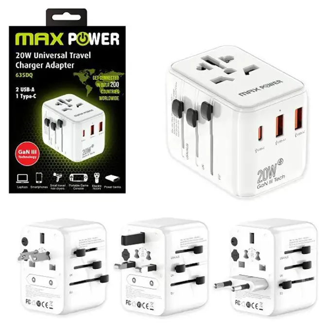 MAXPOWER ADAPTER PUTNI 635DQ Gan 1XPD Type C+2X USB A, BIJELI - Slika 1