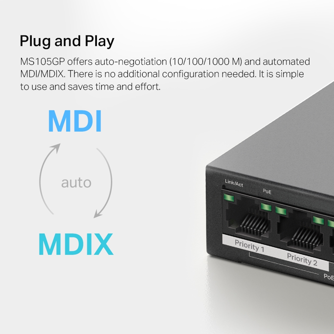 Mercusys Switch MS105GP, 5-Port Gigabit Desktop Switch, 4-Port PoE+ - Slika 8