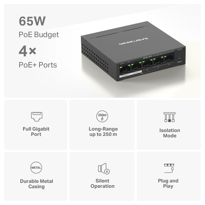 Mercusys Switch MS105GP, 5-Port Gigabit Desktop Switch, 4-Port PoE+ - Slika 4