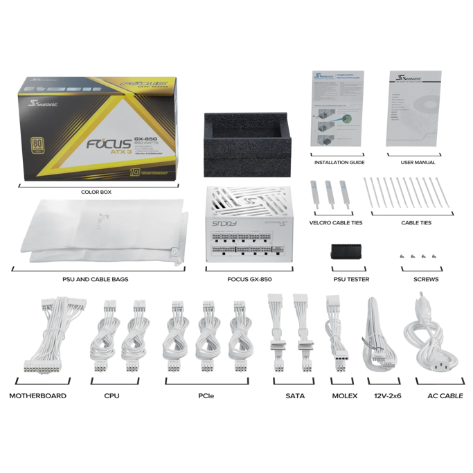 Napajanje Seasonic 850W FOCUS GX 850, White, Full modular, 80 PLUS Gold, ATX 3.1, FOCUS-GX-850-V4-WHITE - Slika 2