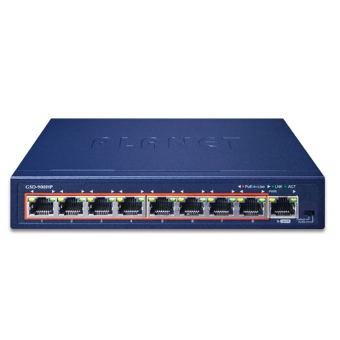 Planet Switch, 8-Port 10/100/1000T 802.3at PoE+1-Port Gigabit Desktop Switch, GSD-908HP - Slika 2