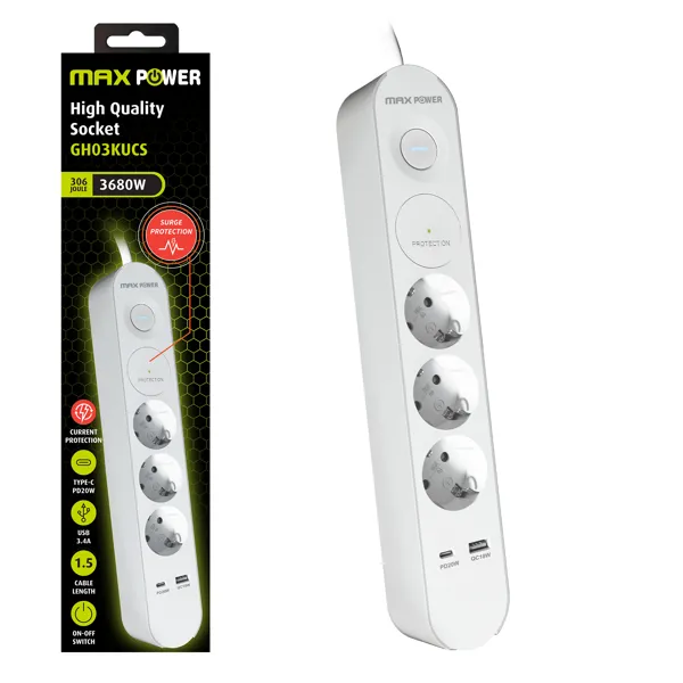 Produžna letvica MAXPOWER GH03KUCS 3 utičnice 1.5m, s prekidačem, USB-TypeC 20W PD+USB A, 3858895517540 - Slika 1