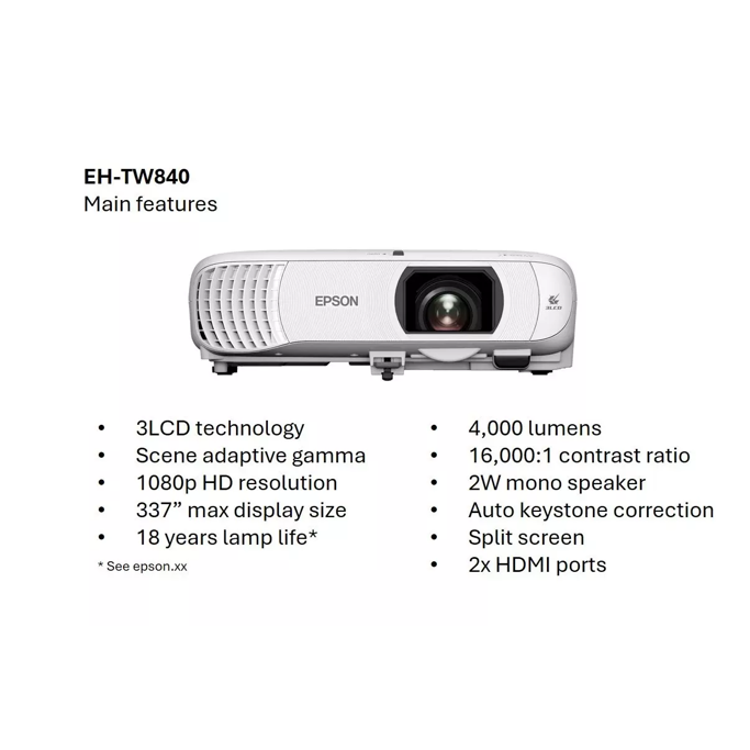 Projektor Epson EH-TW840, 3LCD, WiFi, 1080p, 4000LM, HDMIx2, zvučnik, bijeli, V11HB63040 - Slika 4