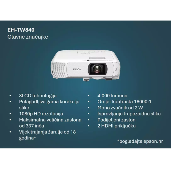 Projektor Epson EH-TW840, 3LCD, WiFi, 1080p, 4000LM, HDMIx2, zvučnik, bijeli, V11HB63040 - Slika 5