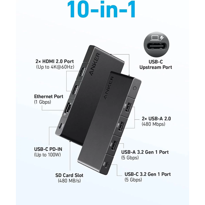 USB-C Hub Anker 364 10-in-1, USB-A, USB-C, PD, HDMI, SD, RJ45, A83A2G11 - Slika 3